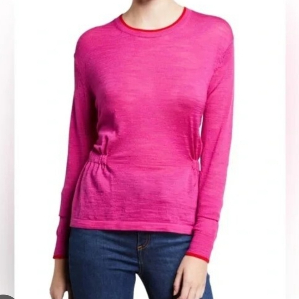 Veronica Beard "Charlene" cinched waist magenta merino wool sweater Sz L